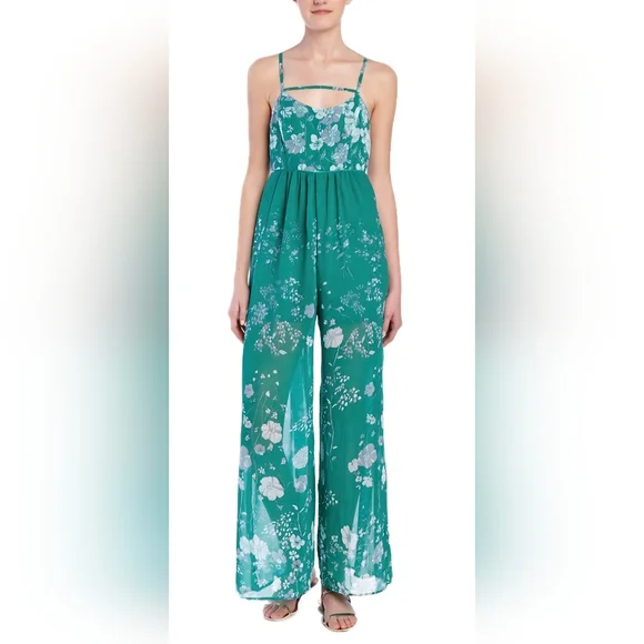 Free People Emerald Green Floral Jumpsuit Size 8 - Picture 2 of 13